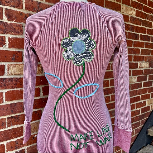 Scanty Brand Burgundy Red Striped Shirt Top Small Embroidered Bohemian Make Love - Picture 7 of 13